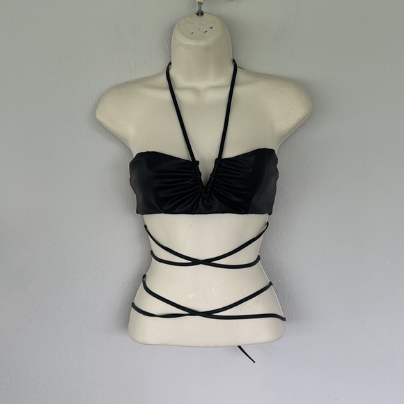 ZARA black leather strappy lace up bandeau v-cut halter crop top size small - Picture 5 of 13